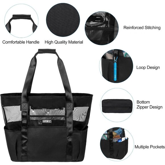 Women's Black Mesh Beach Tote Waterproof Sandproof Foldable Beach Bag - Picture 5 of 8